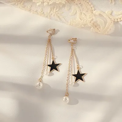 Trendy Style Black Star Tassel Pearl Drop Earrings